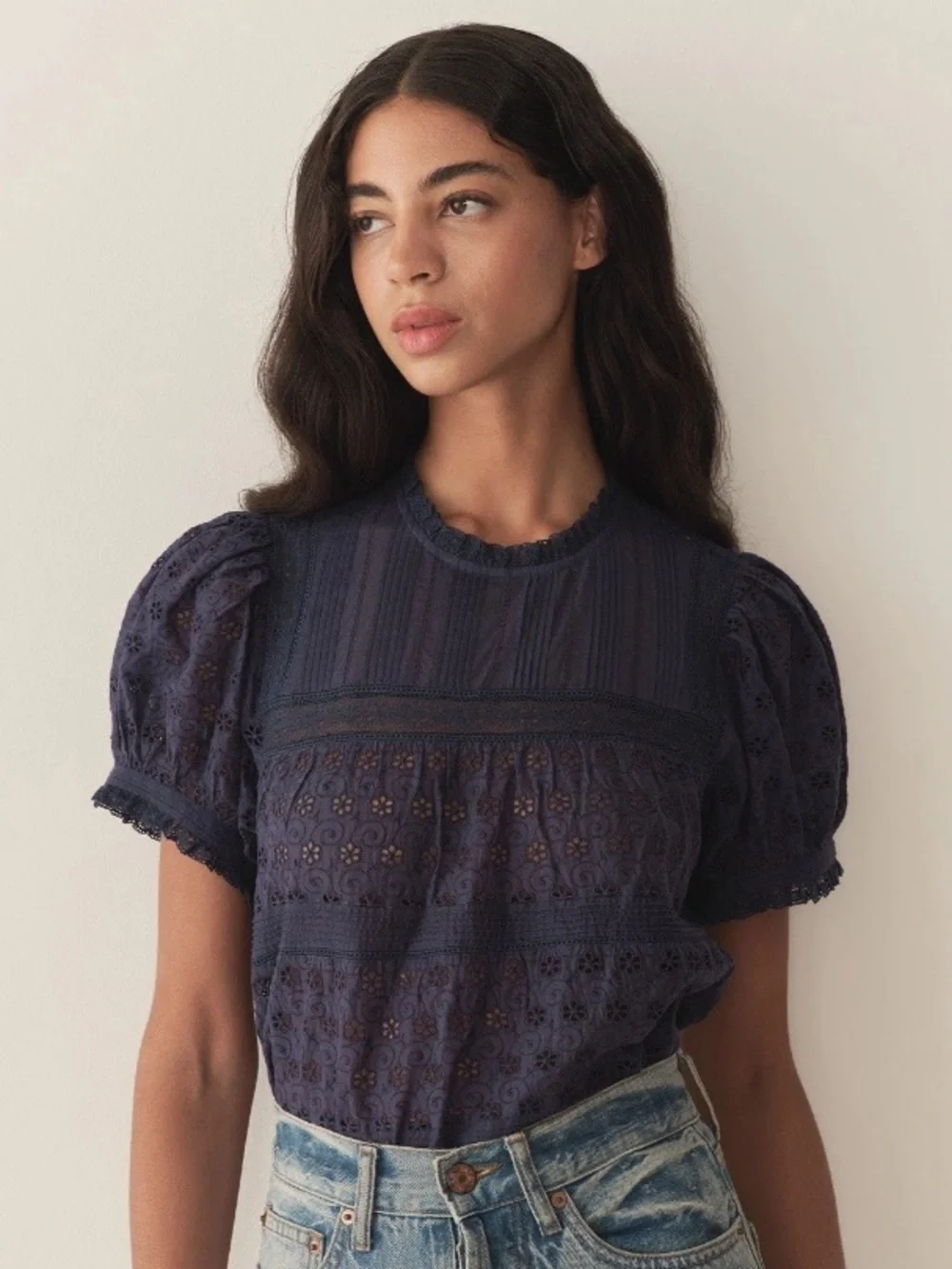 Doen Adeline Eyelet Cotton Short Puff Sleeve Babydoll Top Adriatic Navy Blue